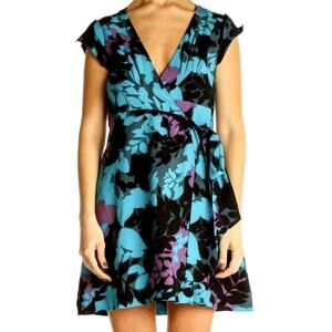Banana Republic Floral Print Wrap Dress Size 14 Teal Black Party Wedding Y2K NWT
